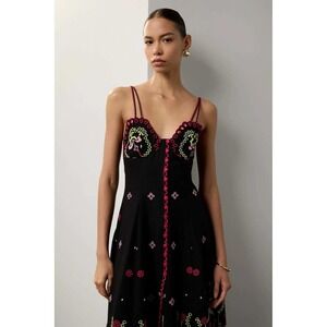 Charo Black Embroidered Midi Dress Strappy Scalloped Trim Pink Yellow